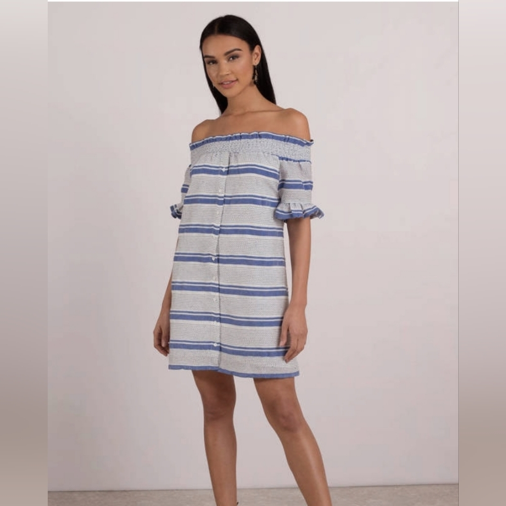 Lost + Wander Bora Bora Dress Button Front Blue Stripe Ruffle Sleeve Large